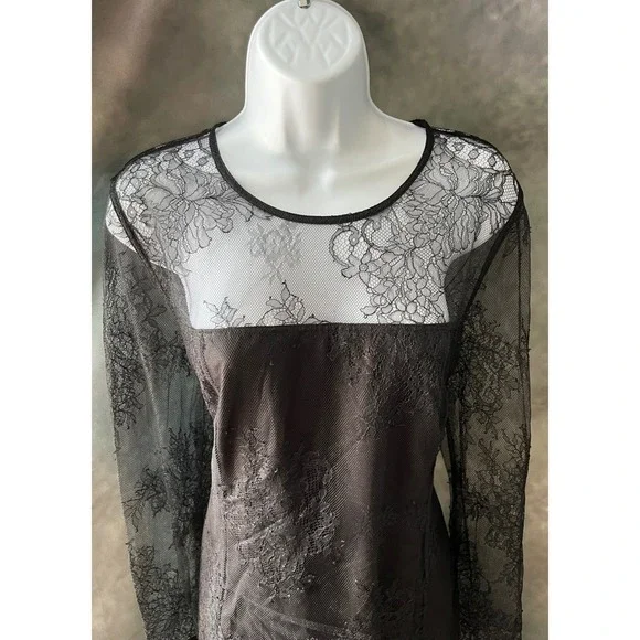 New Donna Karan New York Black Lace Overlay Long Sleeve Midi Dress